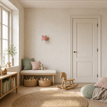 Berrin pink wall light above a playroom bench in daylight | Wickleigh