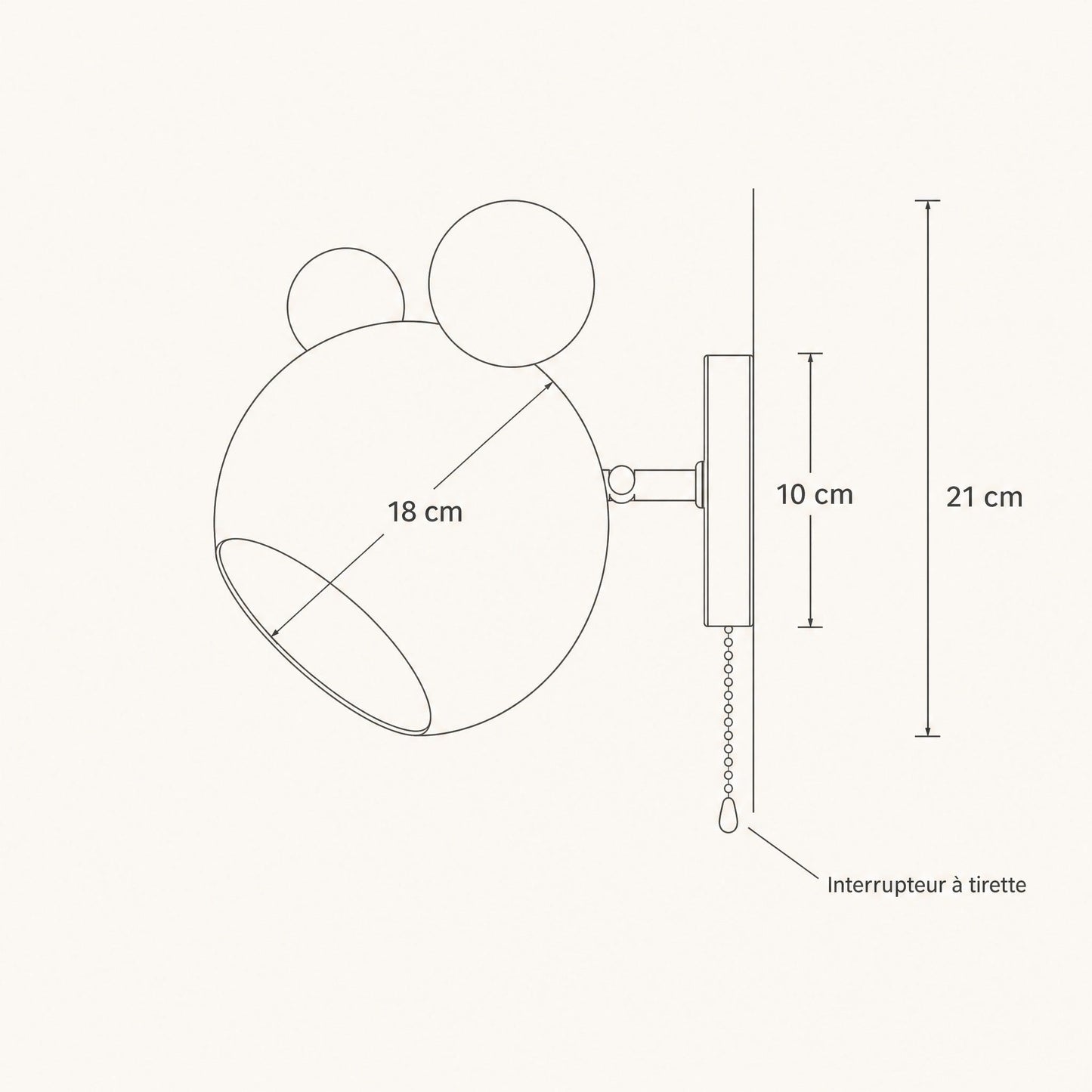 Dimension diagram of the Berrin wall light, height 21 cm, globe 18 cm, plate 10 cm | Wickleigh