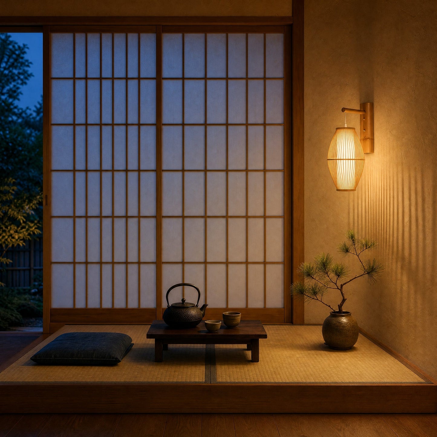 Halna wall light lit in a tea corner on tatami at dusk | Wickleigh