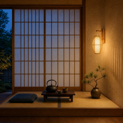 Halna wall light lit in a tea corner on tatami at dusk | Wickleigh