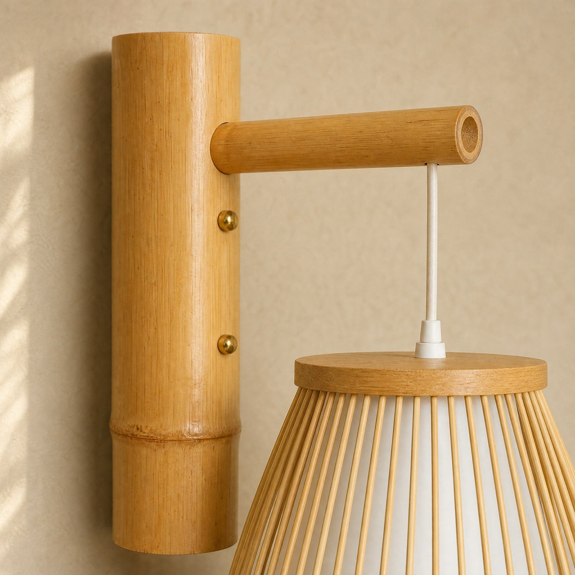 Detail of the hand-woven bamboo and open-cut arm of the Halna wall light | Wickleigh