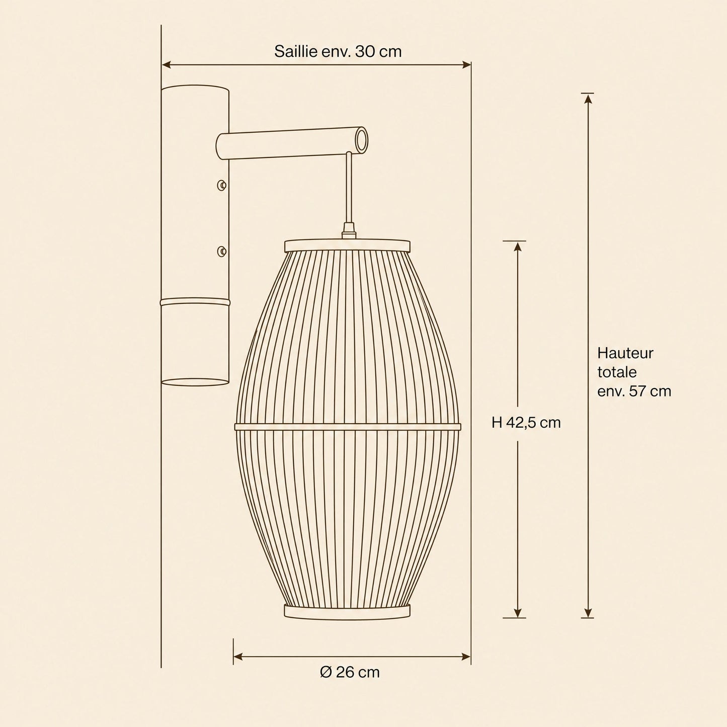 Dimension diagram of the Halna wall light, shade 26 cm diameter by 42.5 cm high | Wickleigh