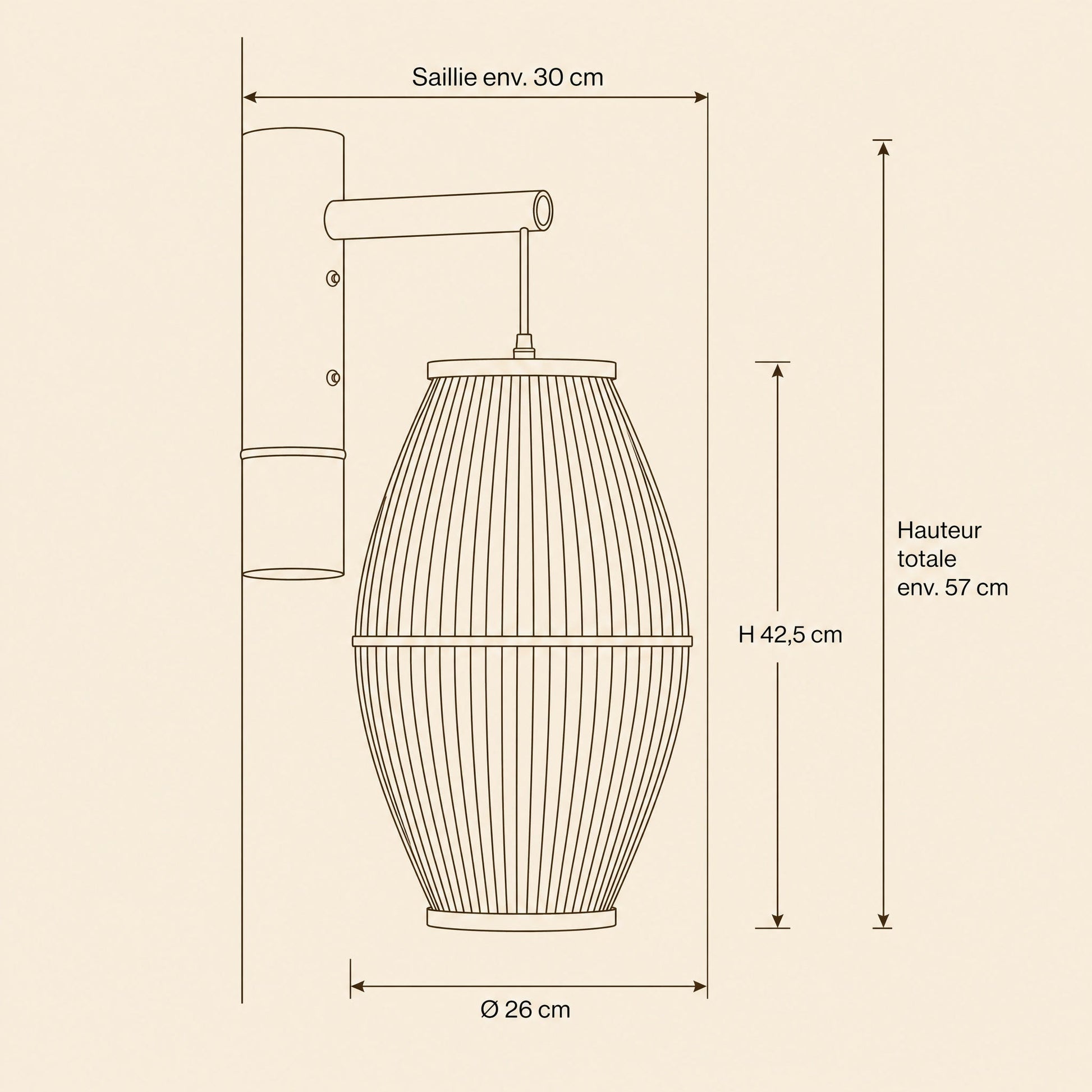 Dimension diagram of the Halna wall light, shade 26 cm diameter by 42.5 cm high | Wickleigh