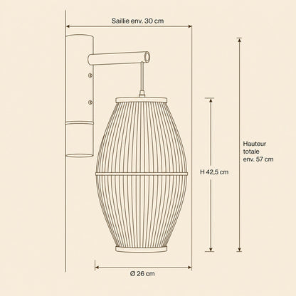 Dimension diagram of the Halna wall light, shade 26 cm diameter by 42.5 cm high | Wickleigh