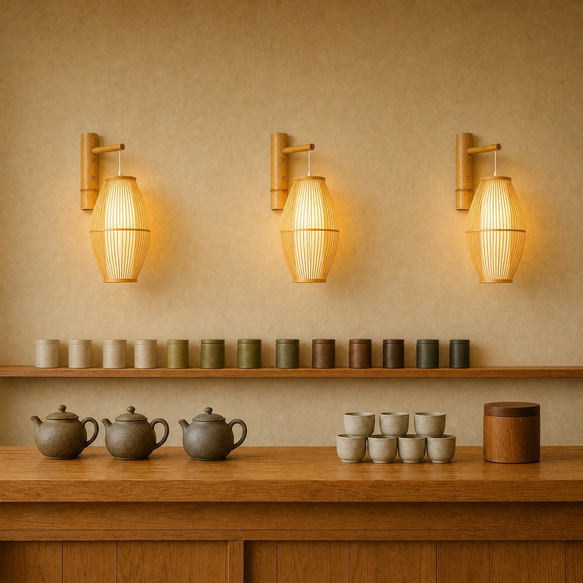 Three Halna wall lights aligned above a tea house counter | Wickleigh