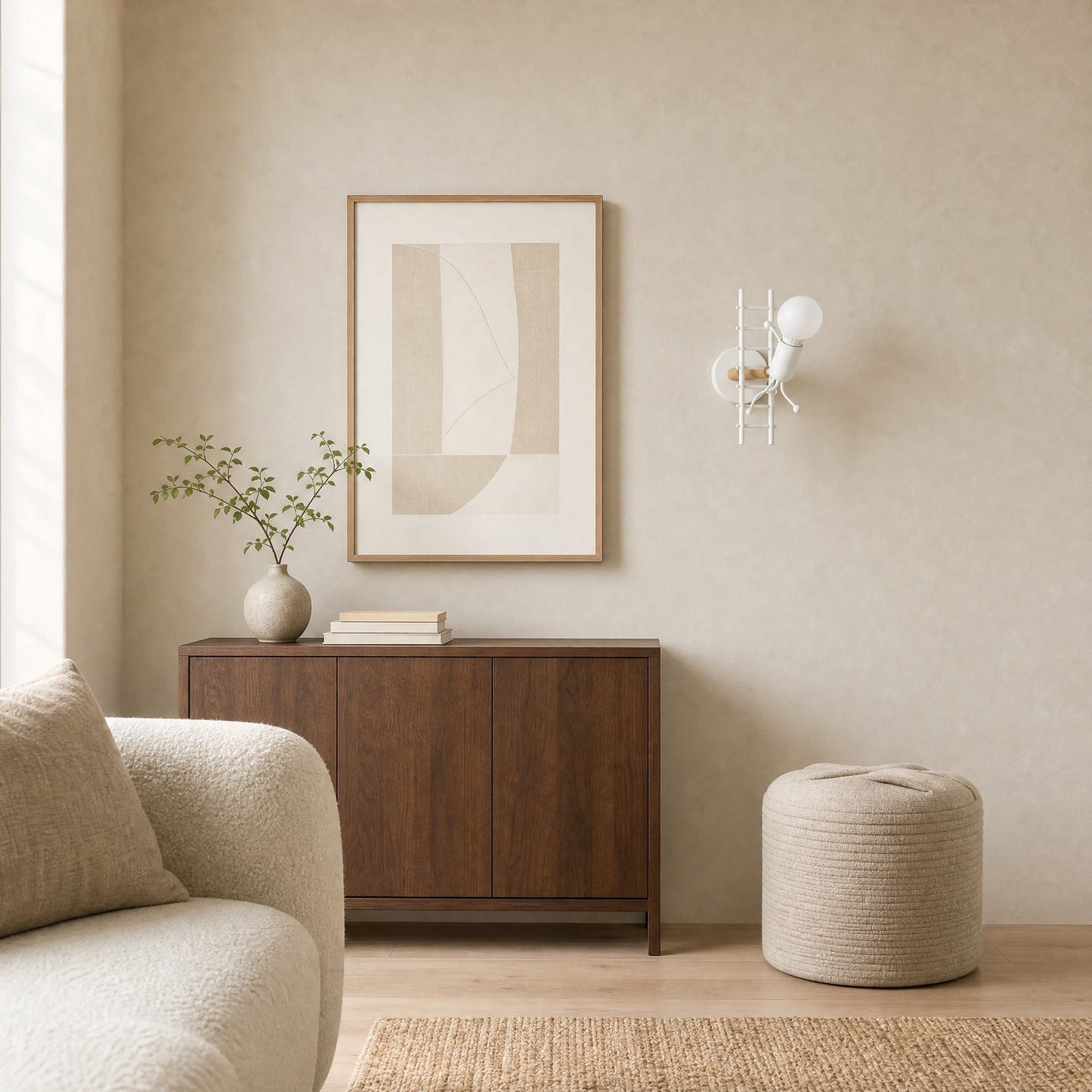 Birna white wall light in a bright Japandi sitting room above a walnut console | Wickleigh