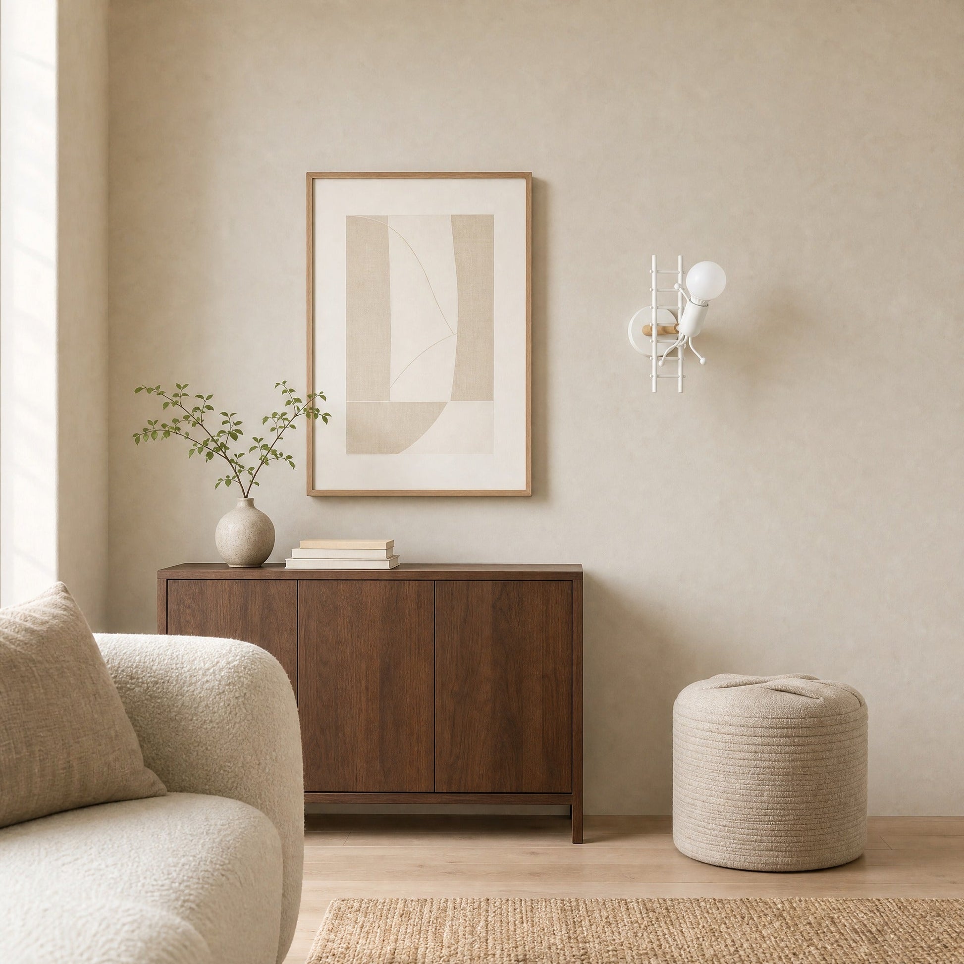 Birna white wall light in a bright Japandi sitting room above a walnut console | Wickleigh