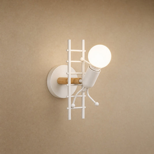 Birna white wall light, little figure climbing a ladder in lacquered iron and light wood | Wickleigh