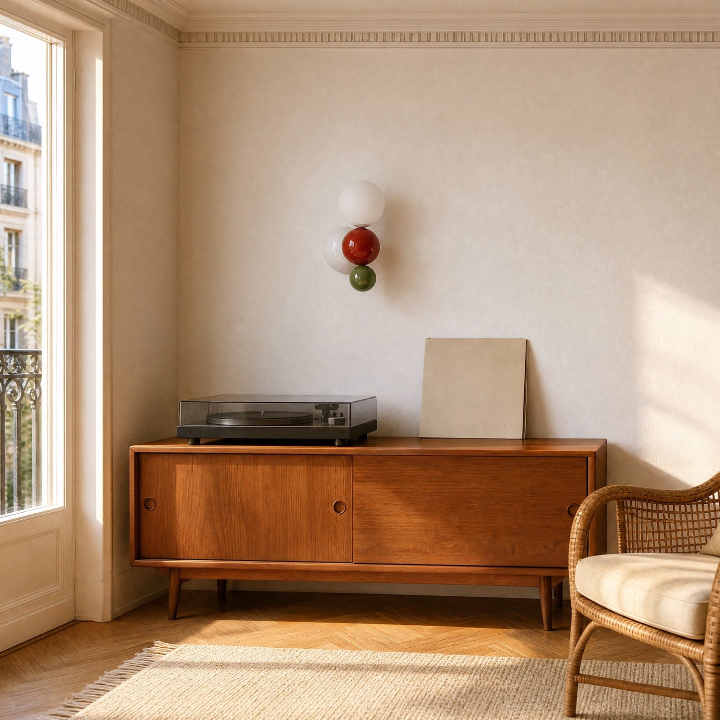 Brelin red and green ball wall light above a teak sideboard and record player | Wickleigh