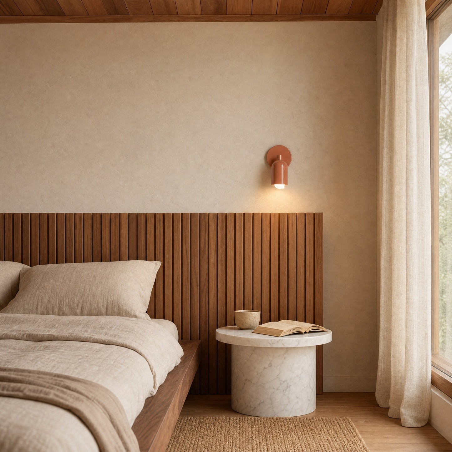 Cadren terracotta wall light lit at the bedside in a Japandi bedroom | Wickleigh