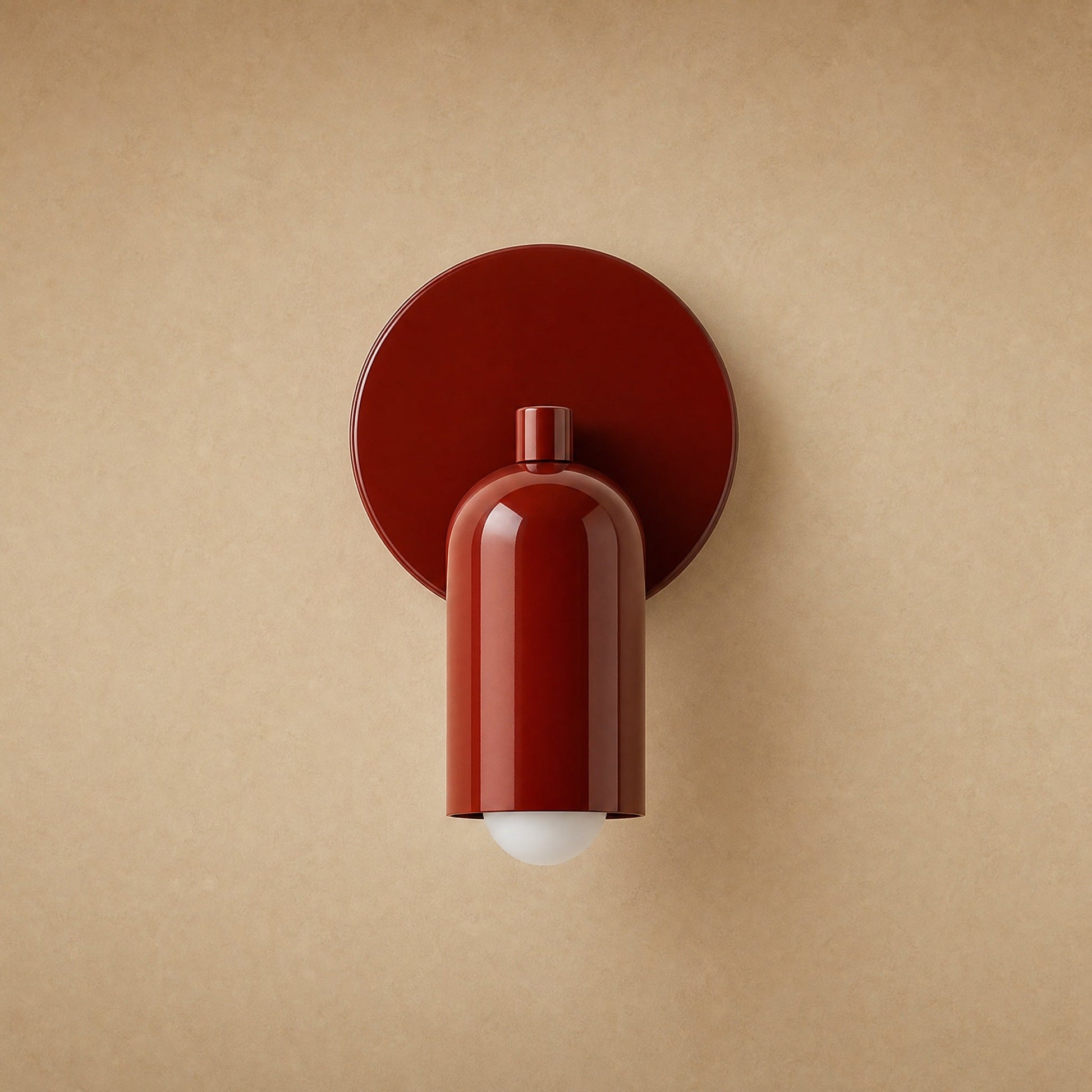 Cadren brick red hallway wall light, round plate and lacquered dome | Wickleigh