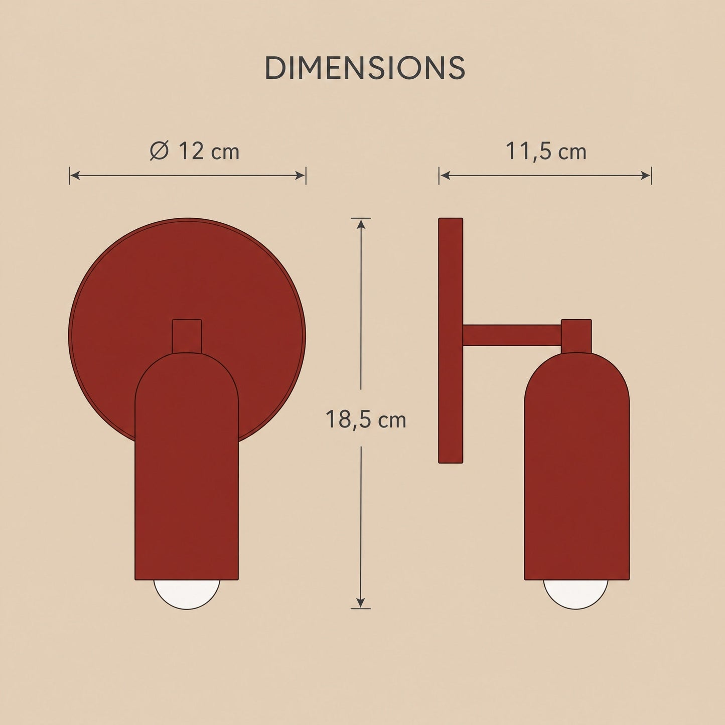 Dimension diagram of the Cadren wall light, 12 cm wide, 11.5 cm projection, 18.5 cm tall | Wickleigh