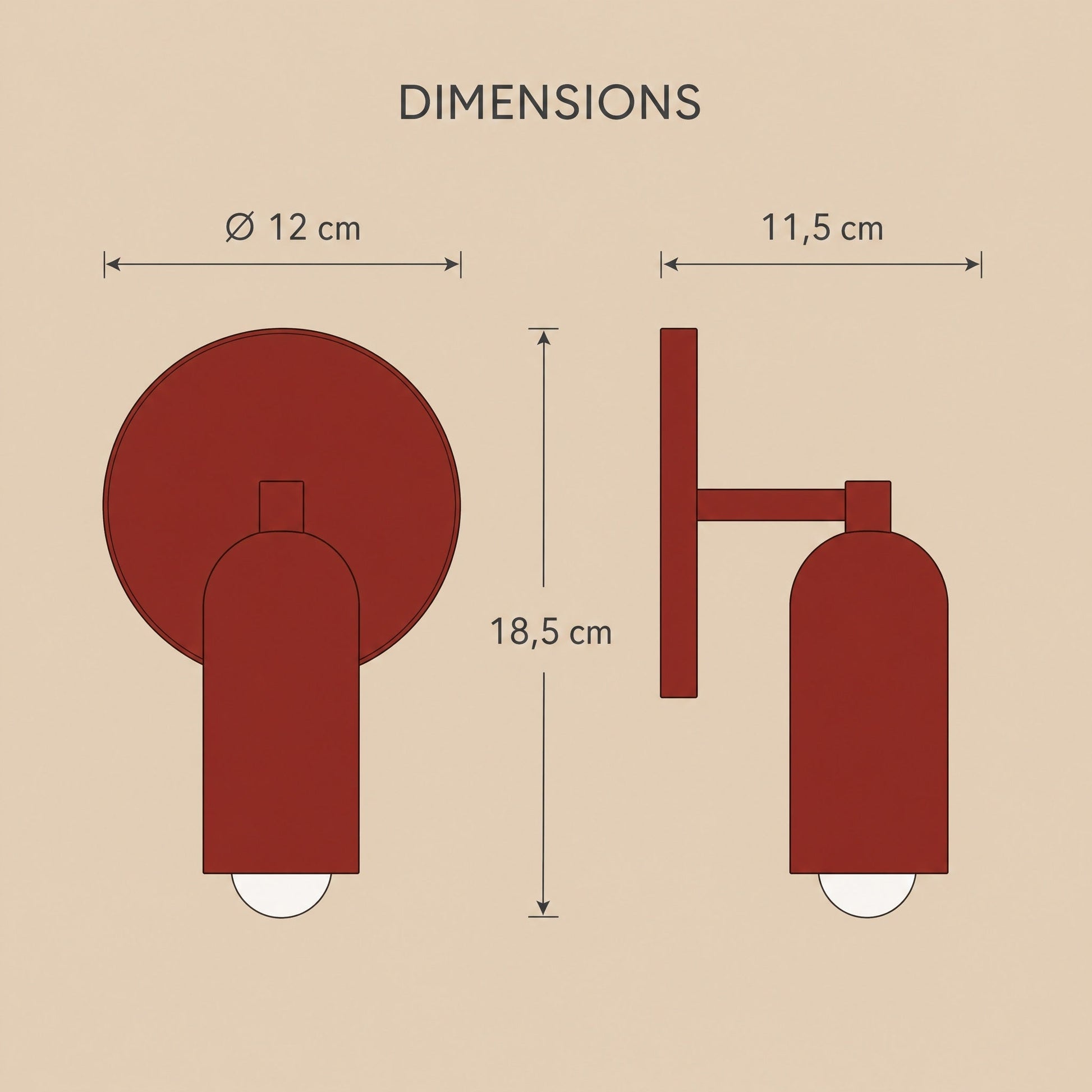 Dimension diagram of the Cadren wall light, 12 cm wide, 11.5 cm projection, 18.5 cm tall | Wickleigh