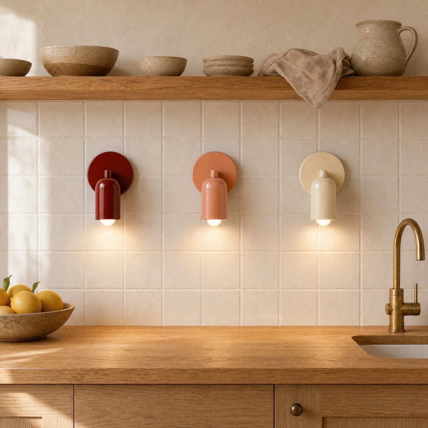 Three Cadren wall lights, cream, terracotta and brick red, lined up above a worktop | Wickleigh
