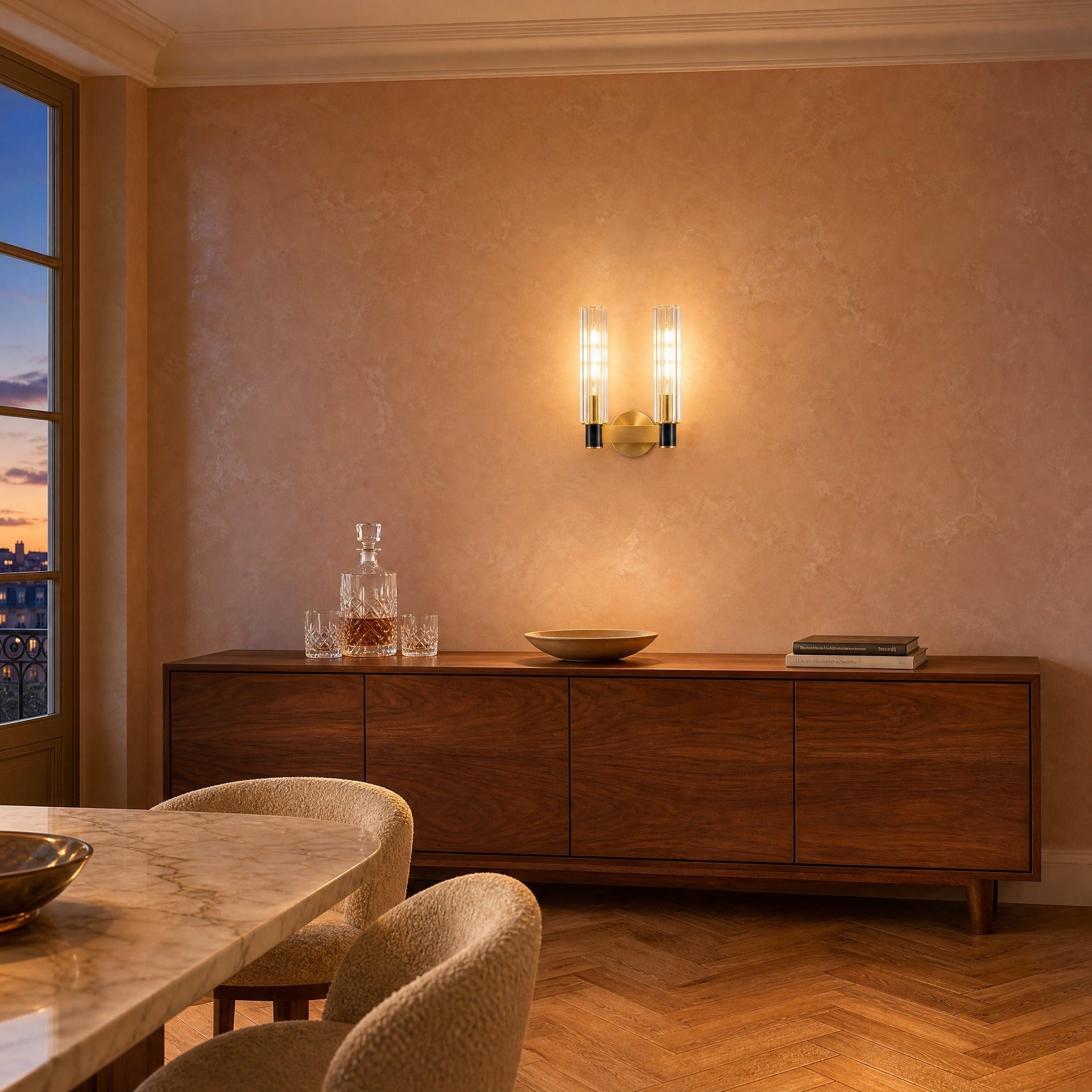 Calin double-light wall light lit above a walnut sideboard, dining room with Venetian plaster | Wickleigh
