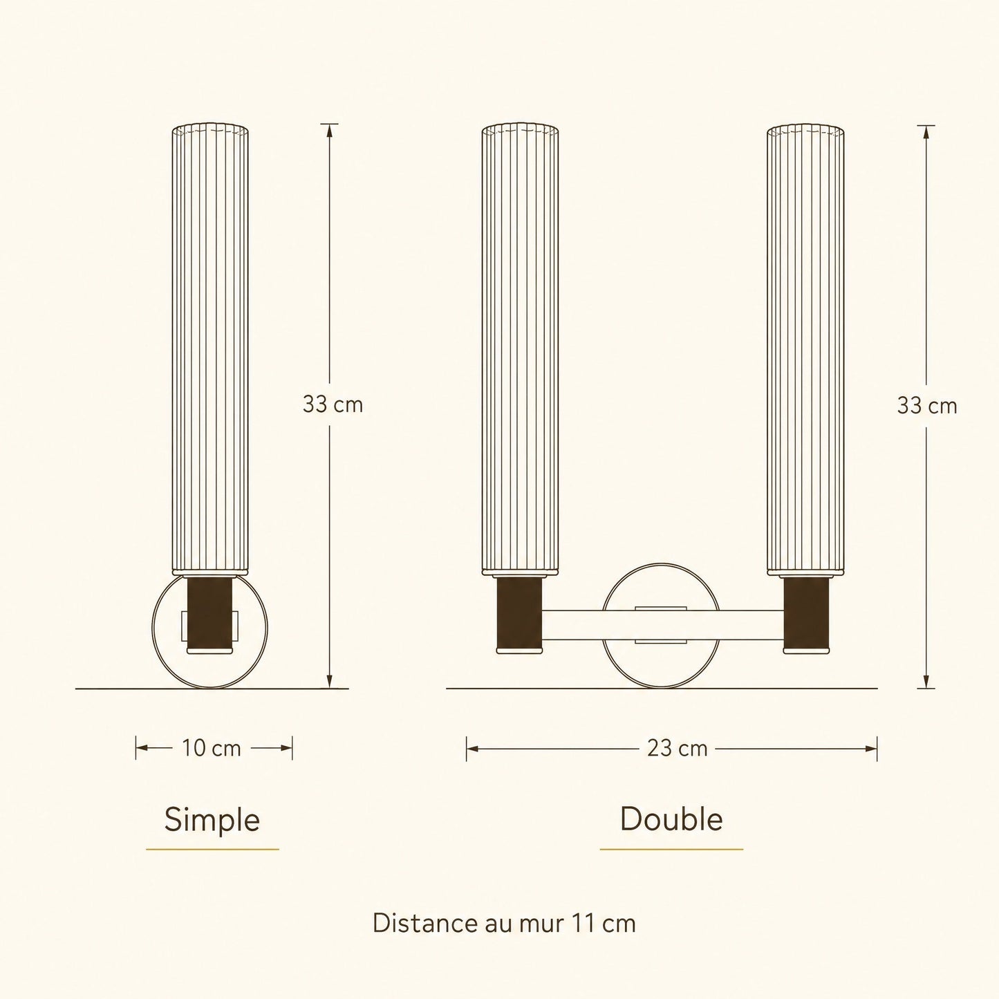 Dimensioned diagram of the Calin wall light, single 10 x 33 x 11 cm and double 23 x 33 x 11 cm | Wickleigh