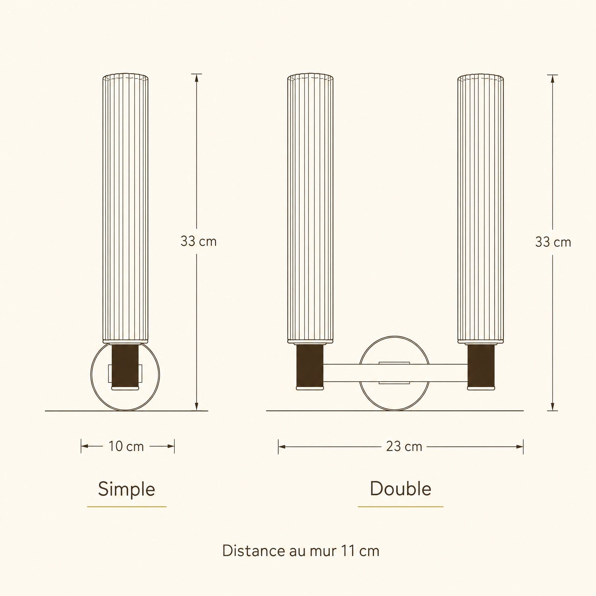 Dimensioned diagram of the Calin wall light, single 10 x 33 x 11 cm and double 23 x 33 x 11 cm | Wickleigh