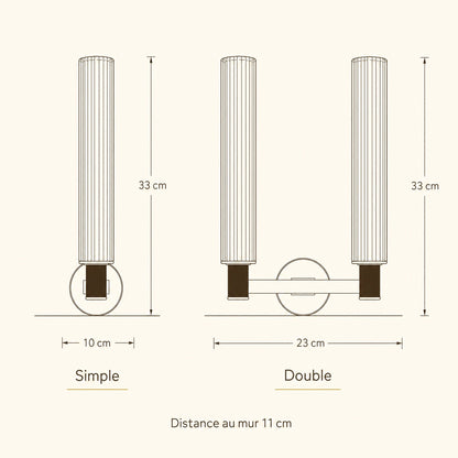 Dimensioned diagram of the Calin wall light, single 10 x 33 x 11 cm and double 23 x 33 x 11 cm | Wickleigh