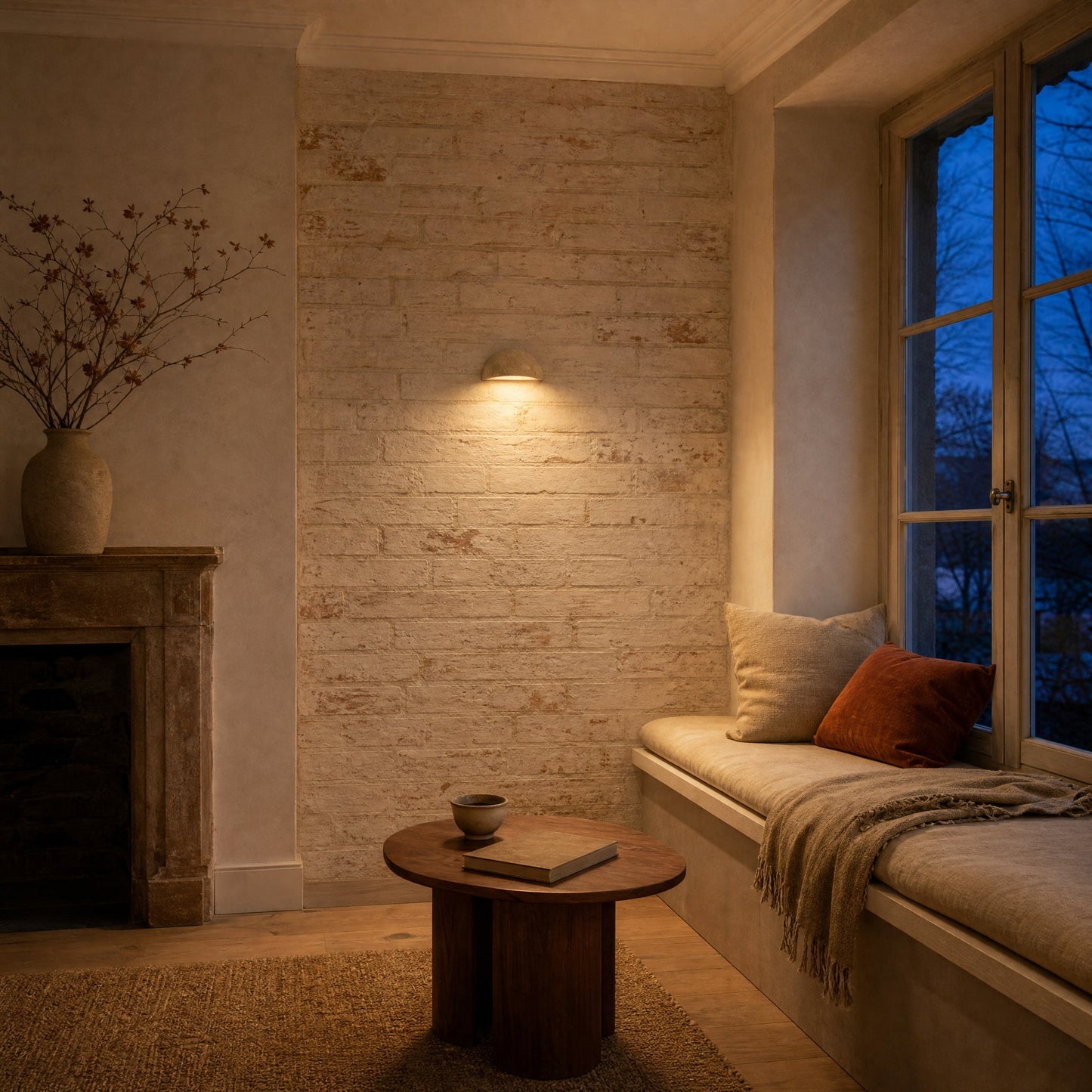Calvra wall light lit above a reading bench, limewashed brick wall | Wickleigh