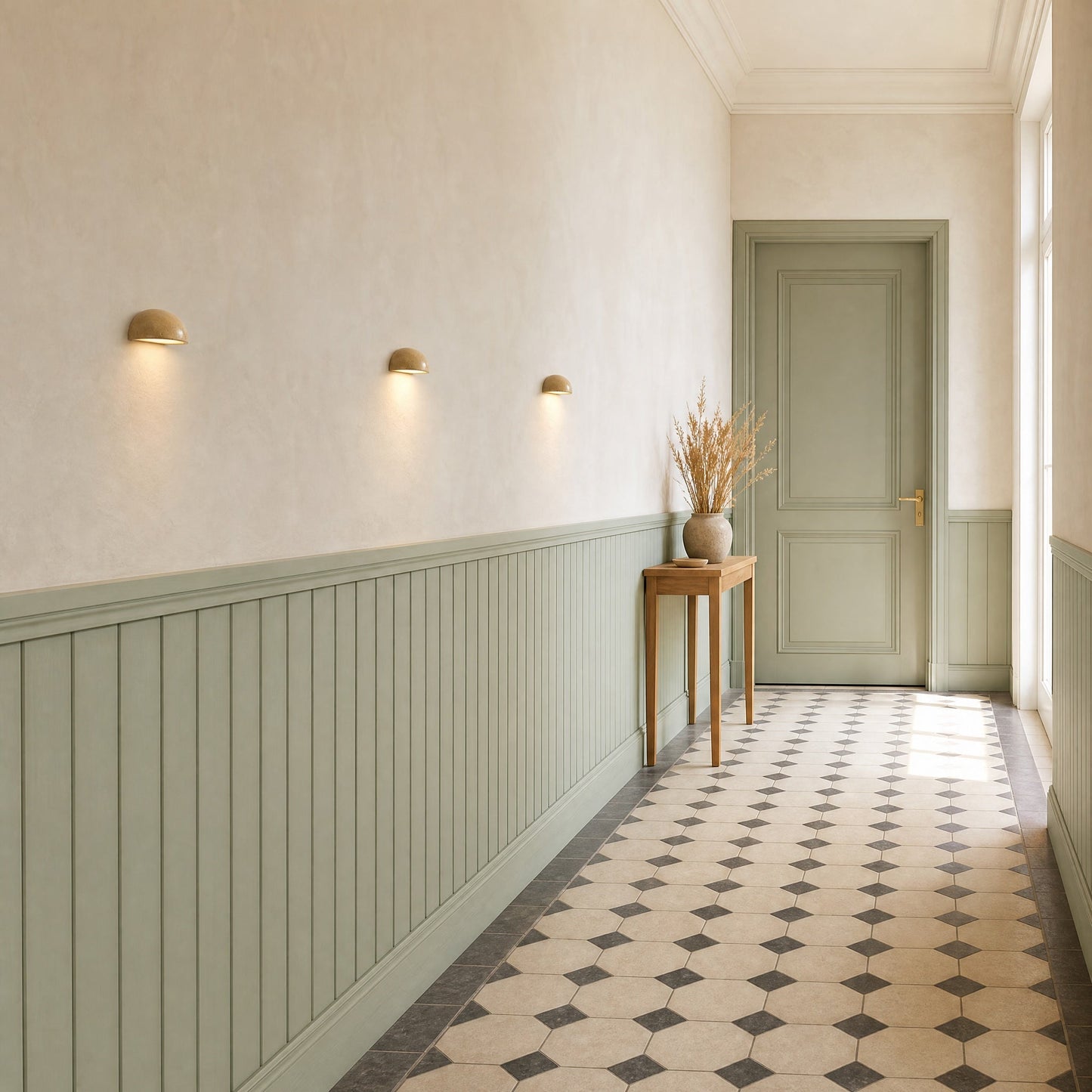 Three Calvra wall lights lined up in a hallway with sea-green panelling | Wickleigh