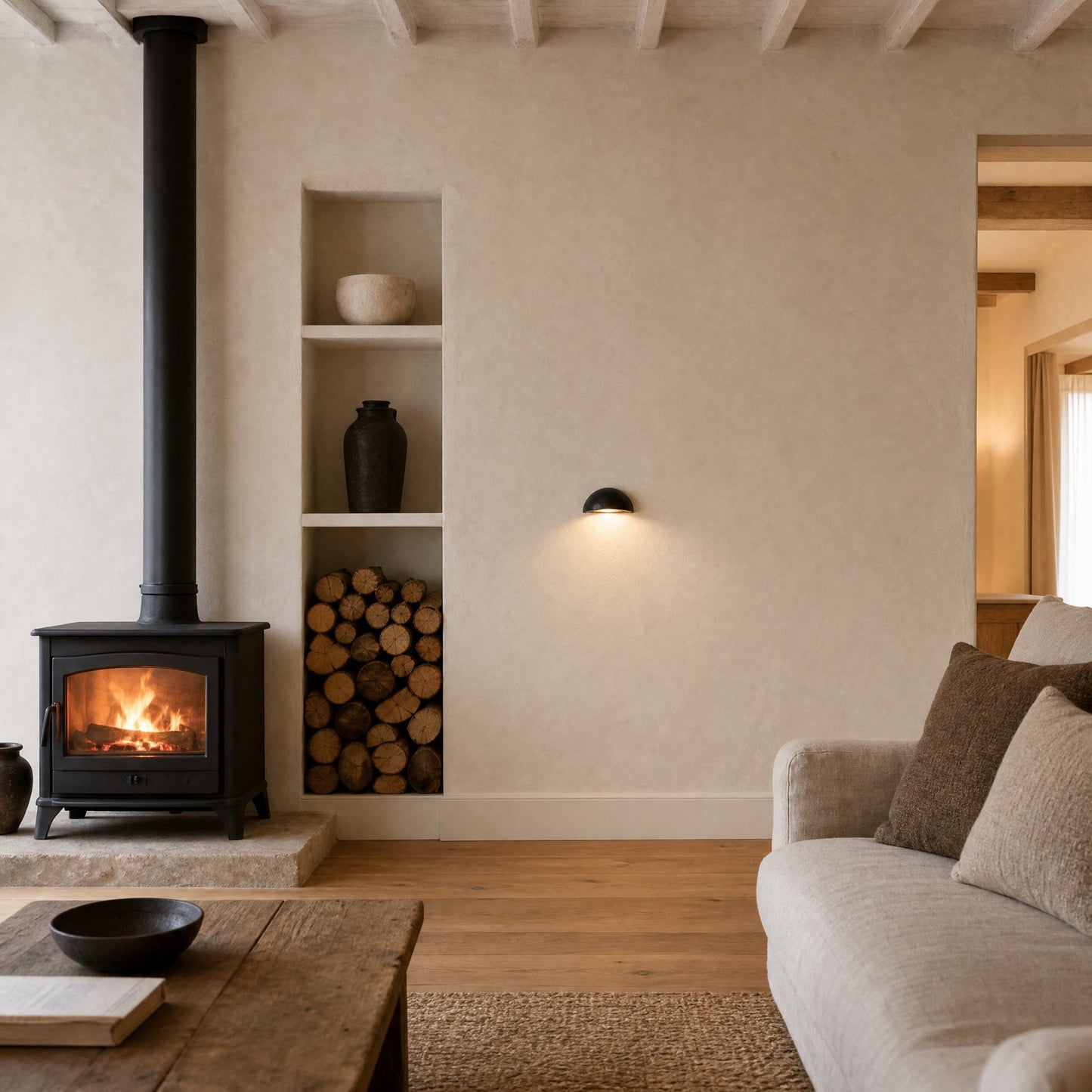 Calvra wall light in the Black Gold finish, lit beside a wood-burning stove | Wickleigh