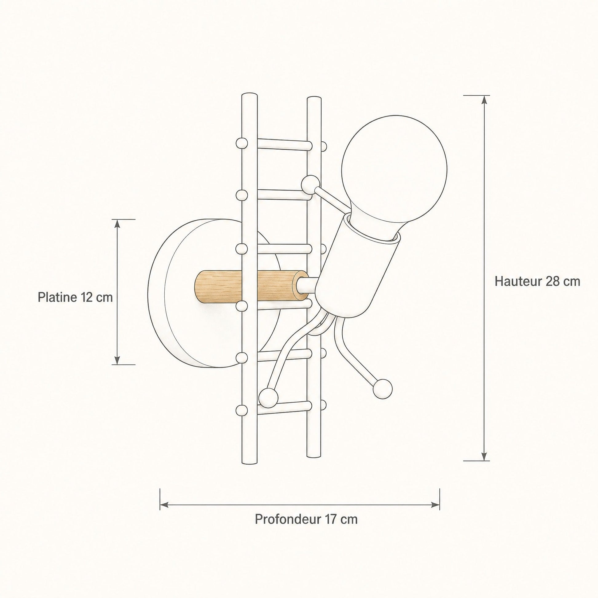 Dimension diagram of the Birna wall light, height 28 cm, plate 12 cm, projection 17 cm | Wickleigh