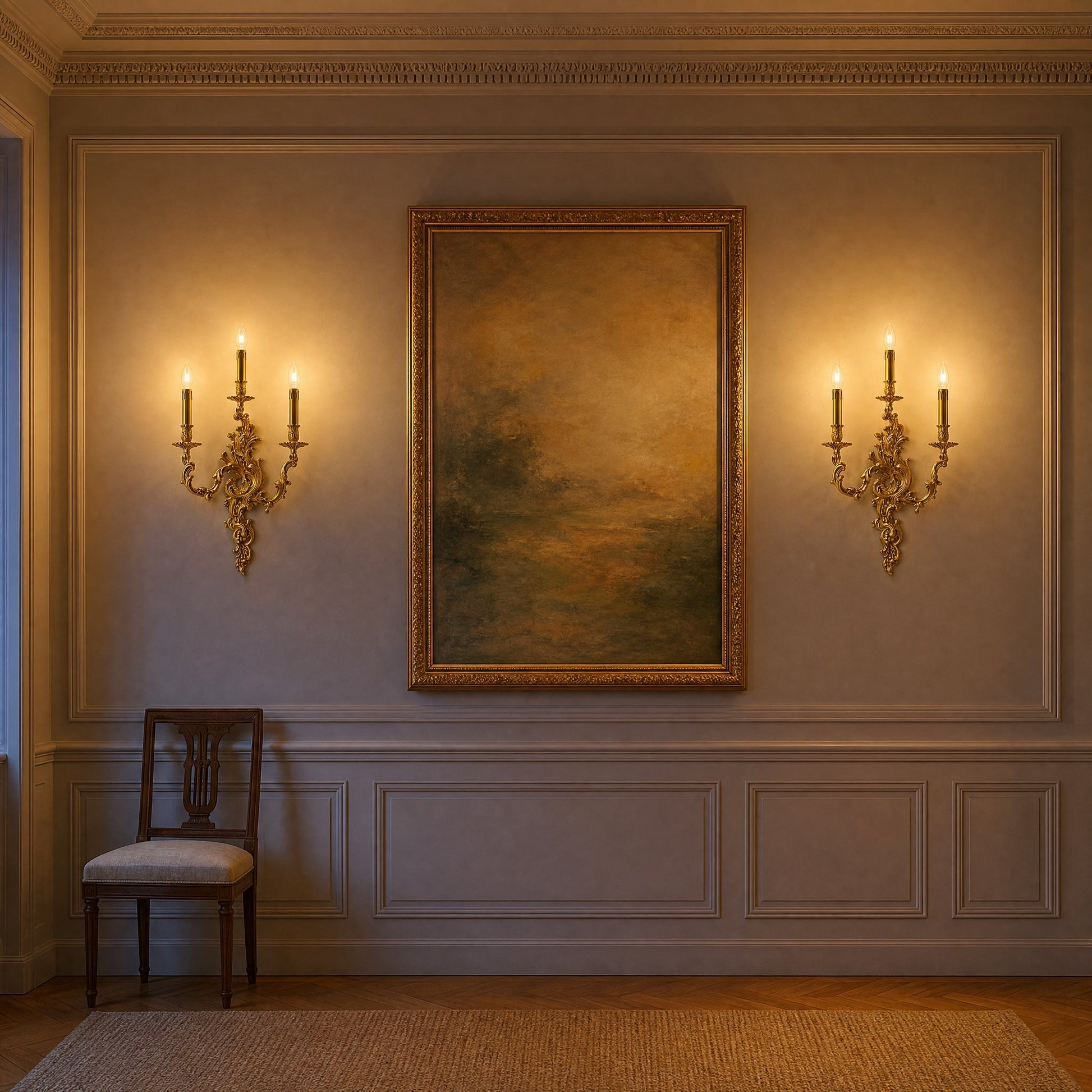 Pair of Cerna gold candle wall lights lit either side of a large painting in a panelled gallery | Wickleigh