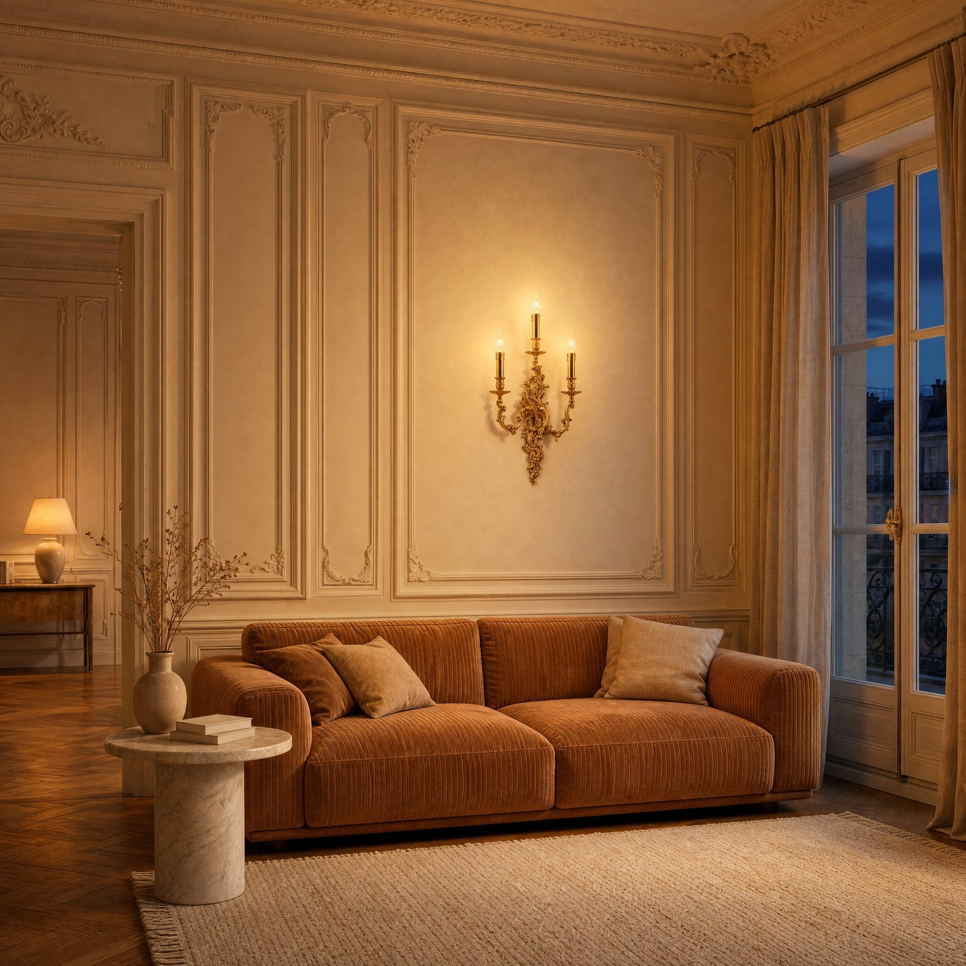 Cerna gold candle wall light lit above a caramel velvet sofa in a panelled living room, at dusk | Wickleigh