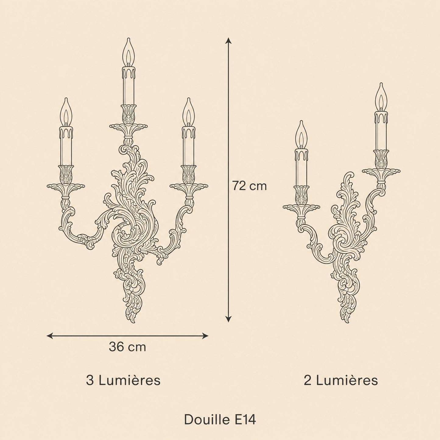 Dimensioned diagram of the Cerna wall light, 3-light 36 x 72 cm and 2-light versions, E14 socket | Wickleigh