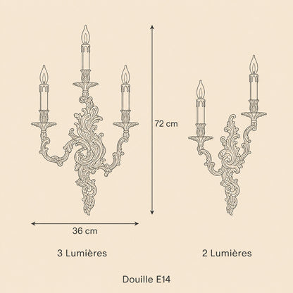 Dimensioned diagram of the Cerna wall light, 3-light 36 x 72 cm and 2-light versions, E14 socket | Wickleigh