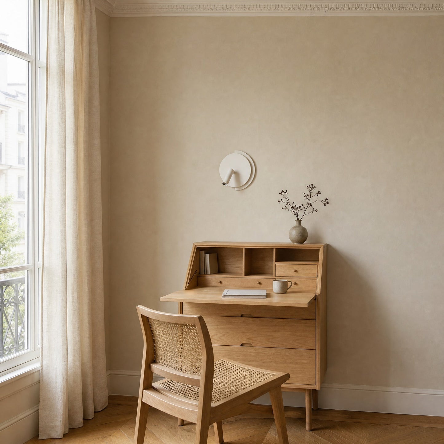 Clenna white dual-light wall light above an ash writing desk, in daylight | Wickleigh