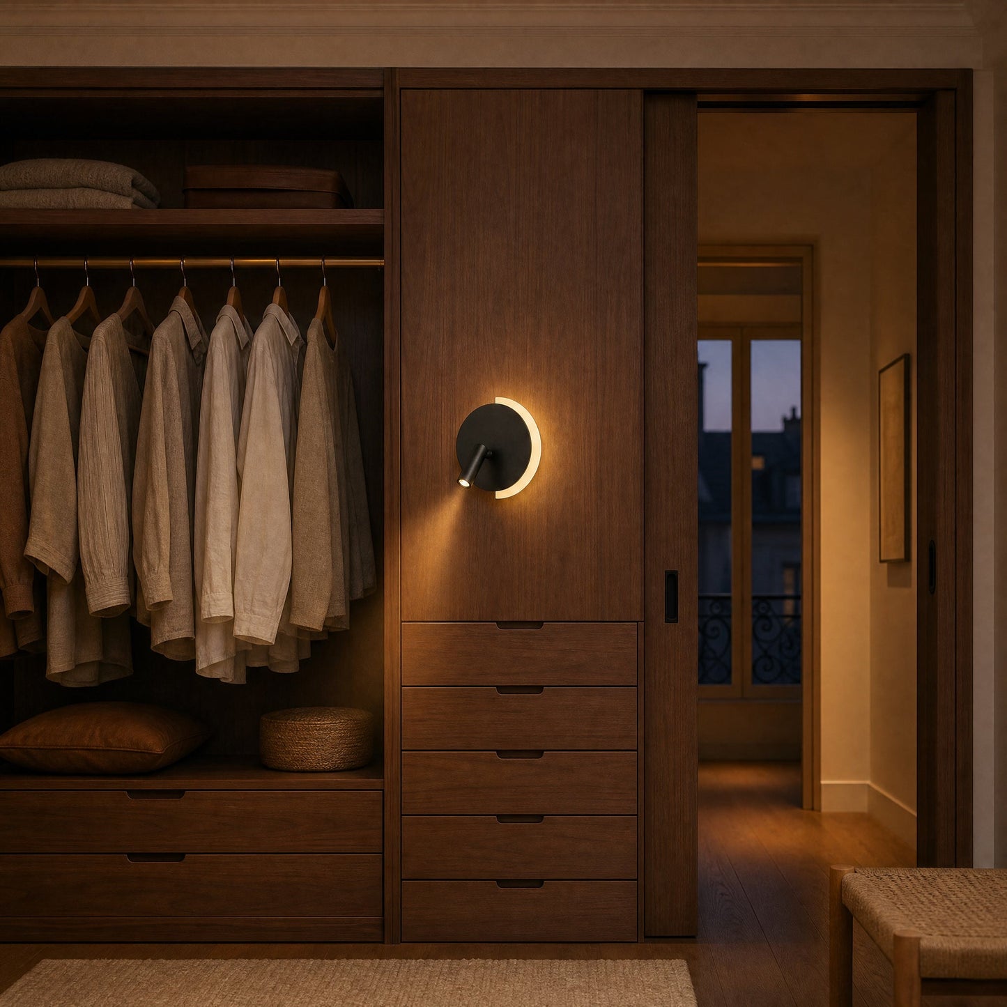 Clenna black dual-light wall light lit in a walnut dressing room at dusk | Wickleigh