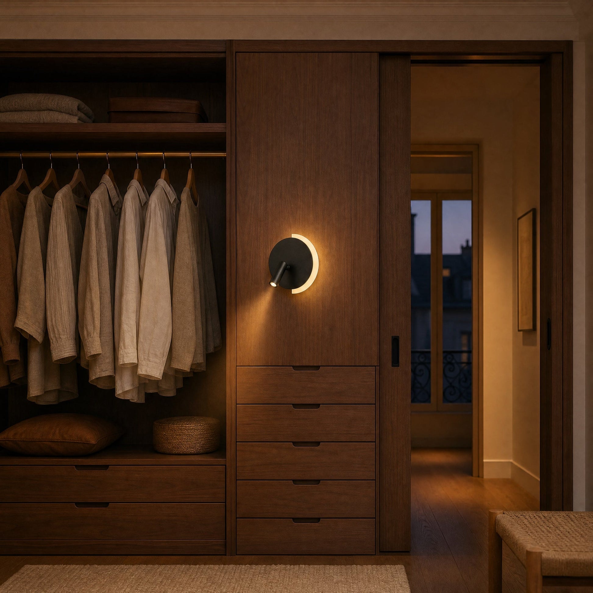 Clenna black dual-light wall light lit in a walnut dressing room at dusk | Wickleigh