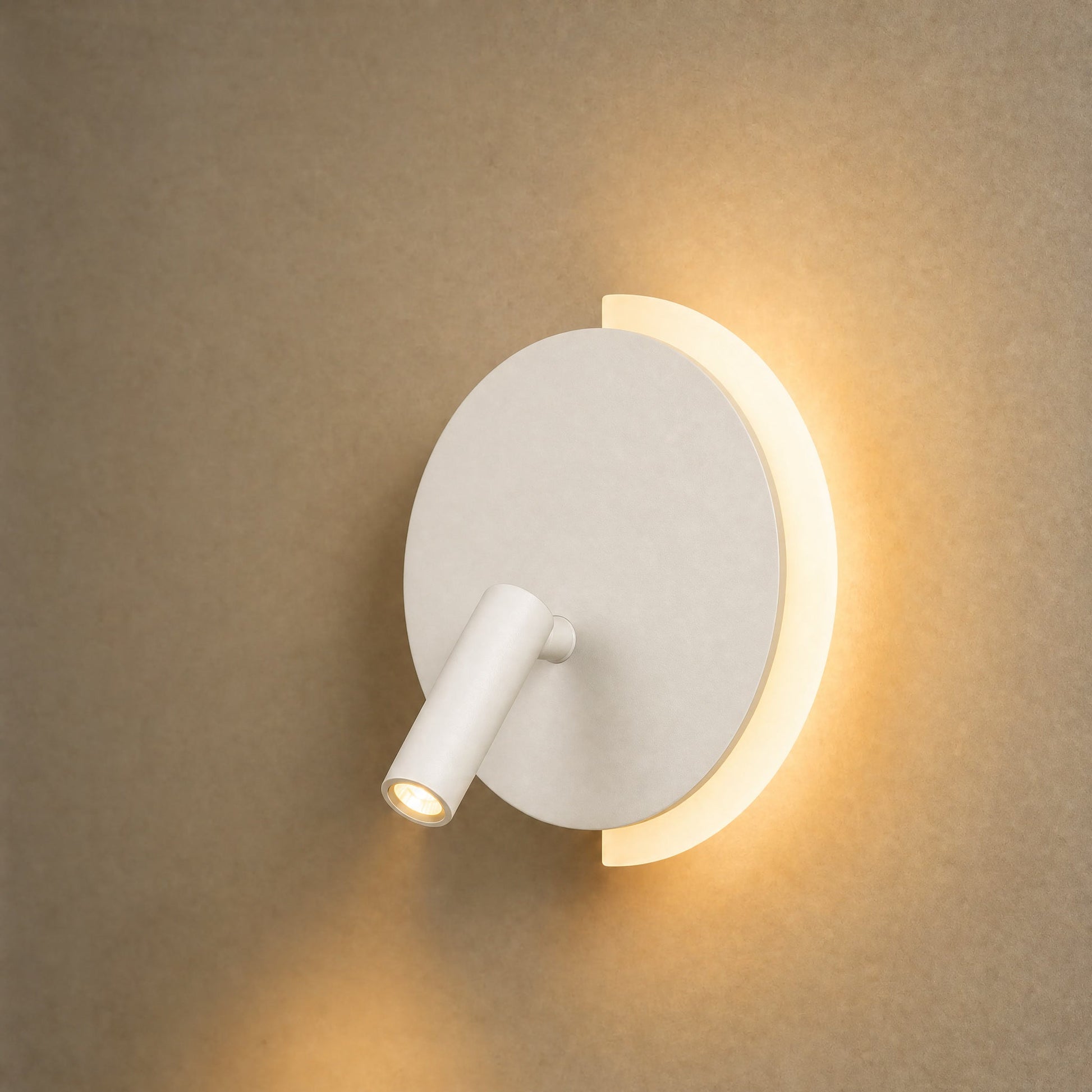 Clenna white dual-light wall light lit, packshot | Wickleigh