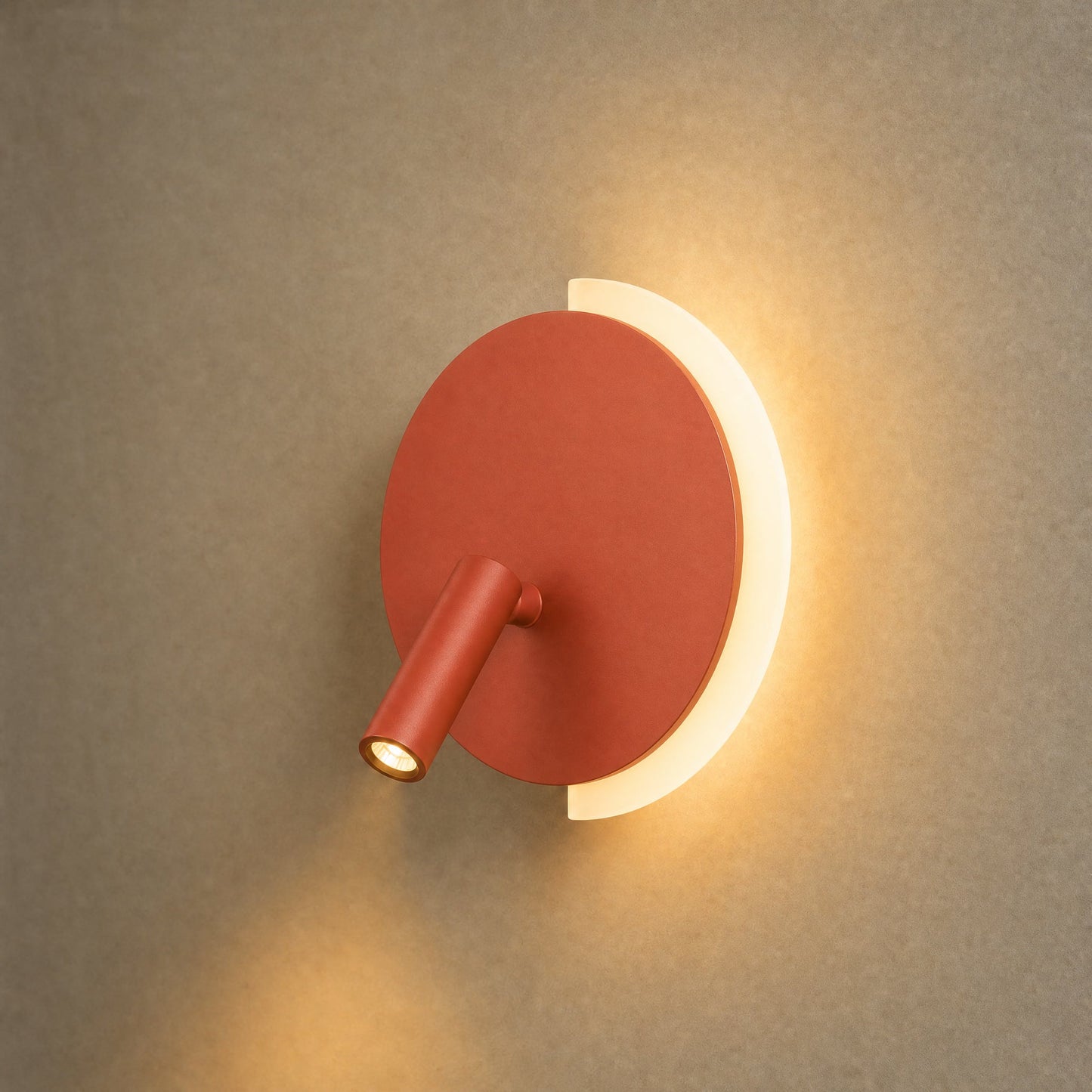Clenna terracotta orange dual-light wall light lit, packshot | Wickleigh
