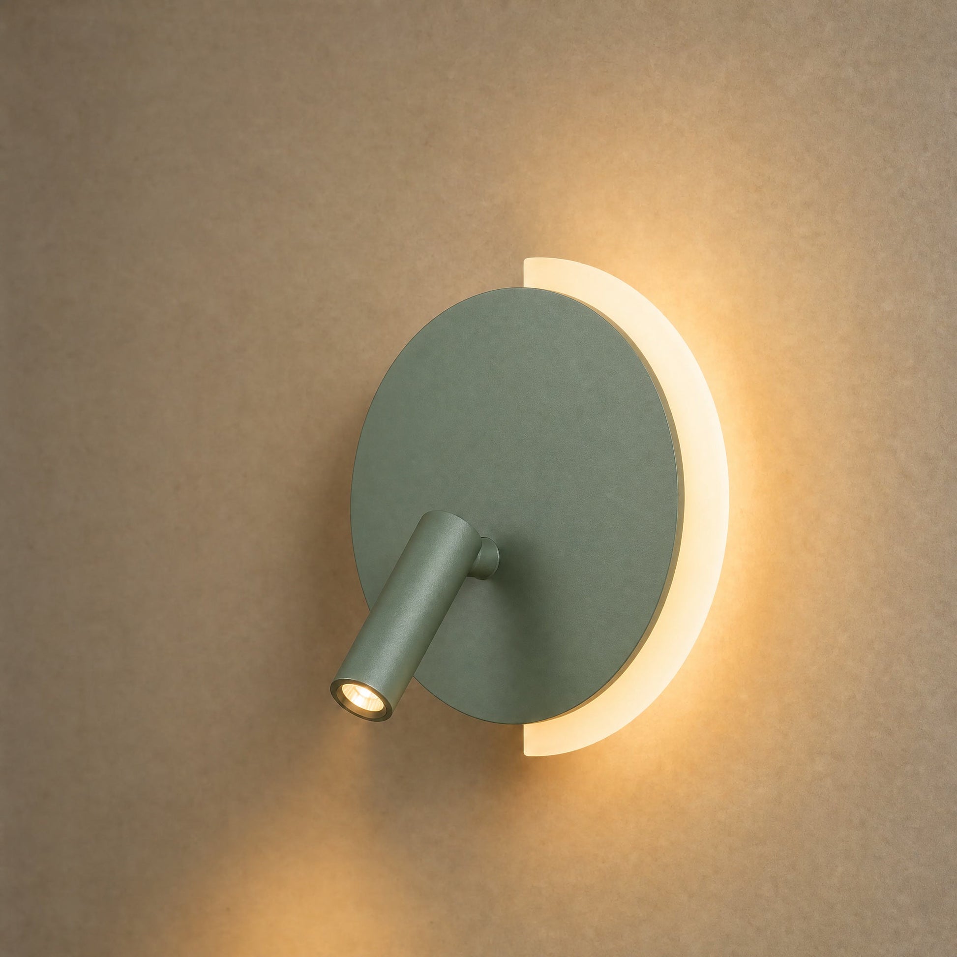 Clenna sage green dual-light wall light lit, packshot | Wickleigh