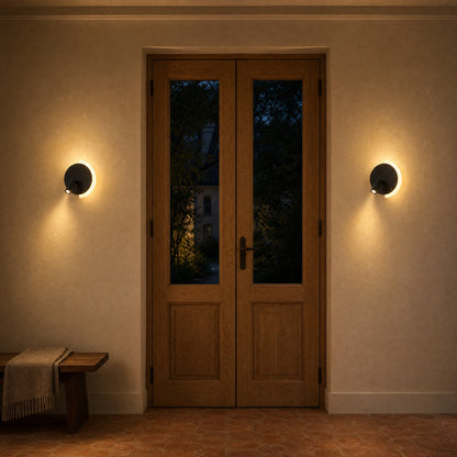 Pair of Clenna black wall lights lit either side of a double oak door | Wickleigh