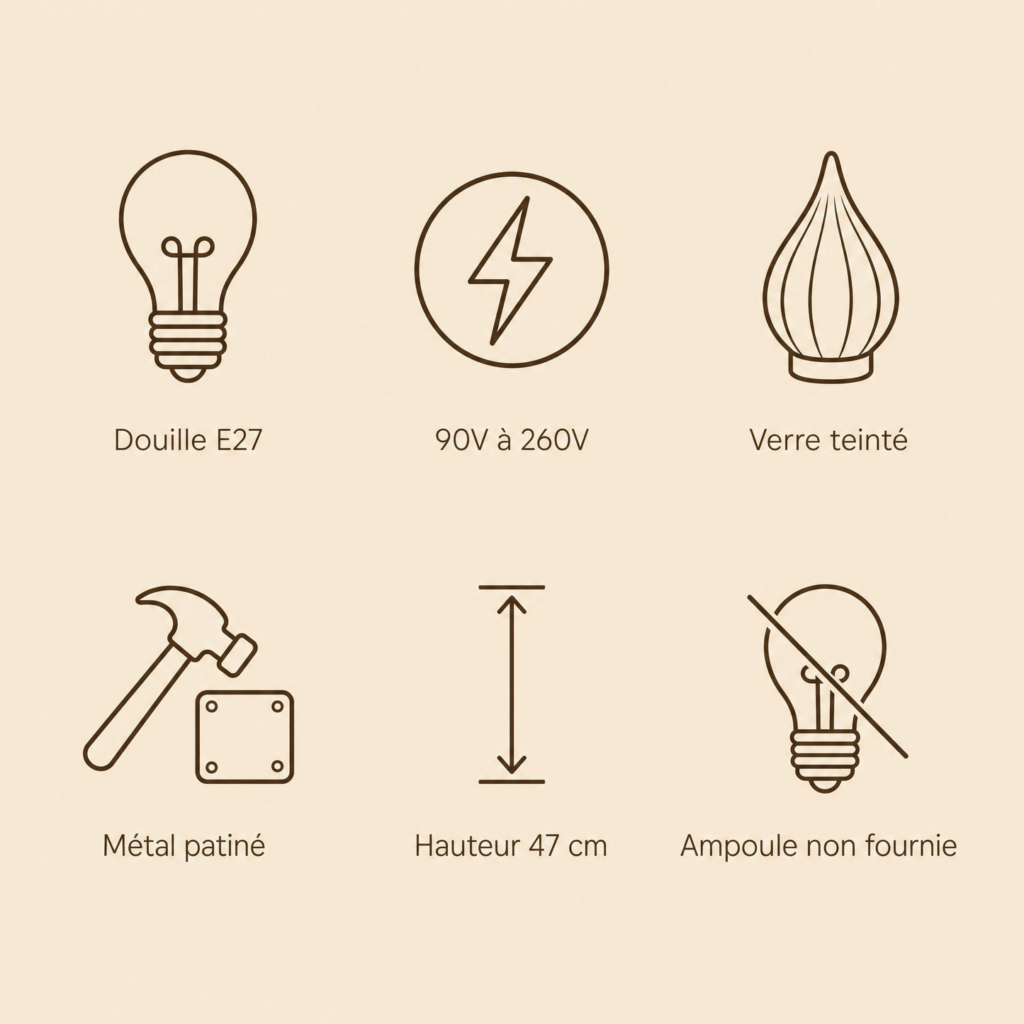 Specifications of the Davren wall light, E27 fitting, tinted glass and 90V to 260V | Wickleigh