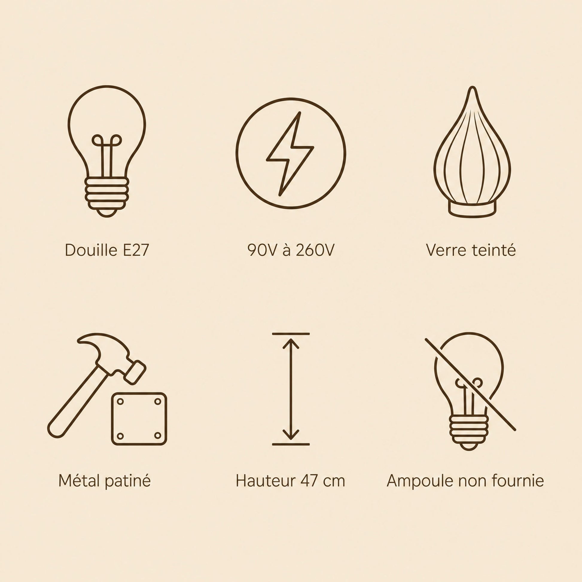 Specifications of the Davren wall light, E27 fitting, tinted glass and 90V to 260V | Wickleigh