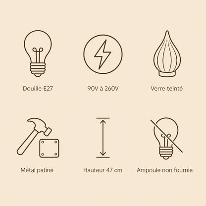 Specifications of the Davren wall light, E27 fitting, tinted glass and 90V to 260V | Wickleigh