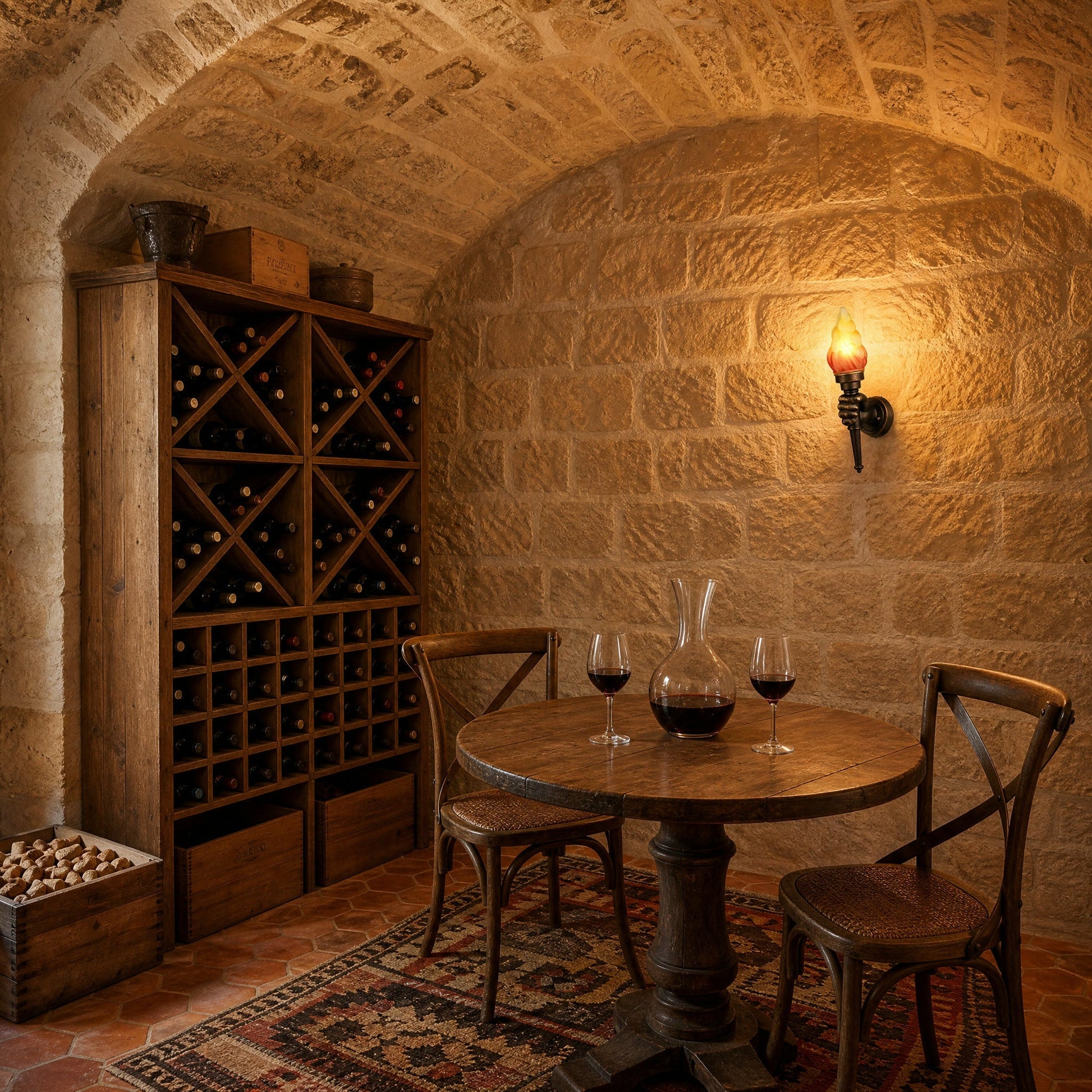 Davren wall light lit in a vaulted cellar tasting corner | Wickleigh