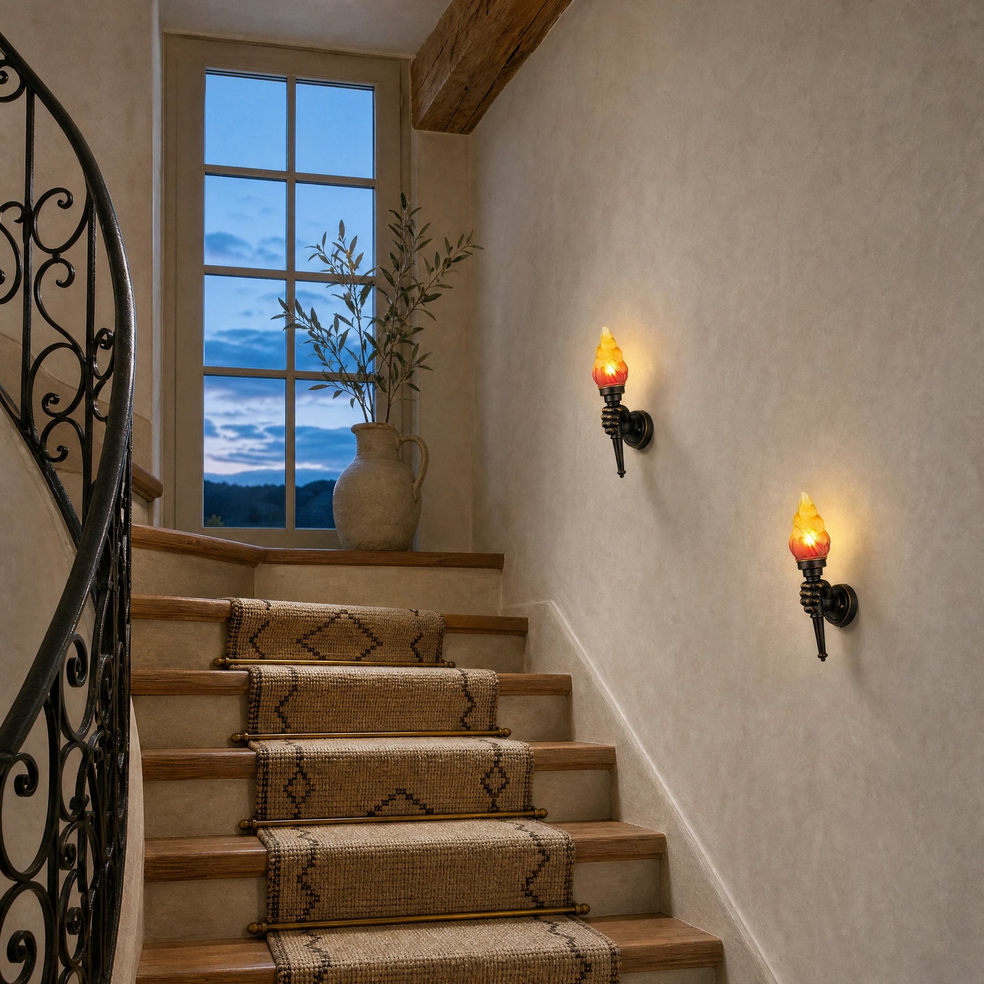 Pair of Davren wall lights lit along a staircase | Wickleigh