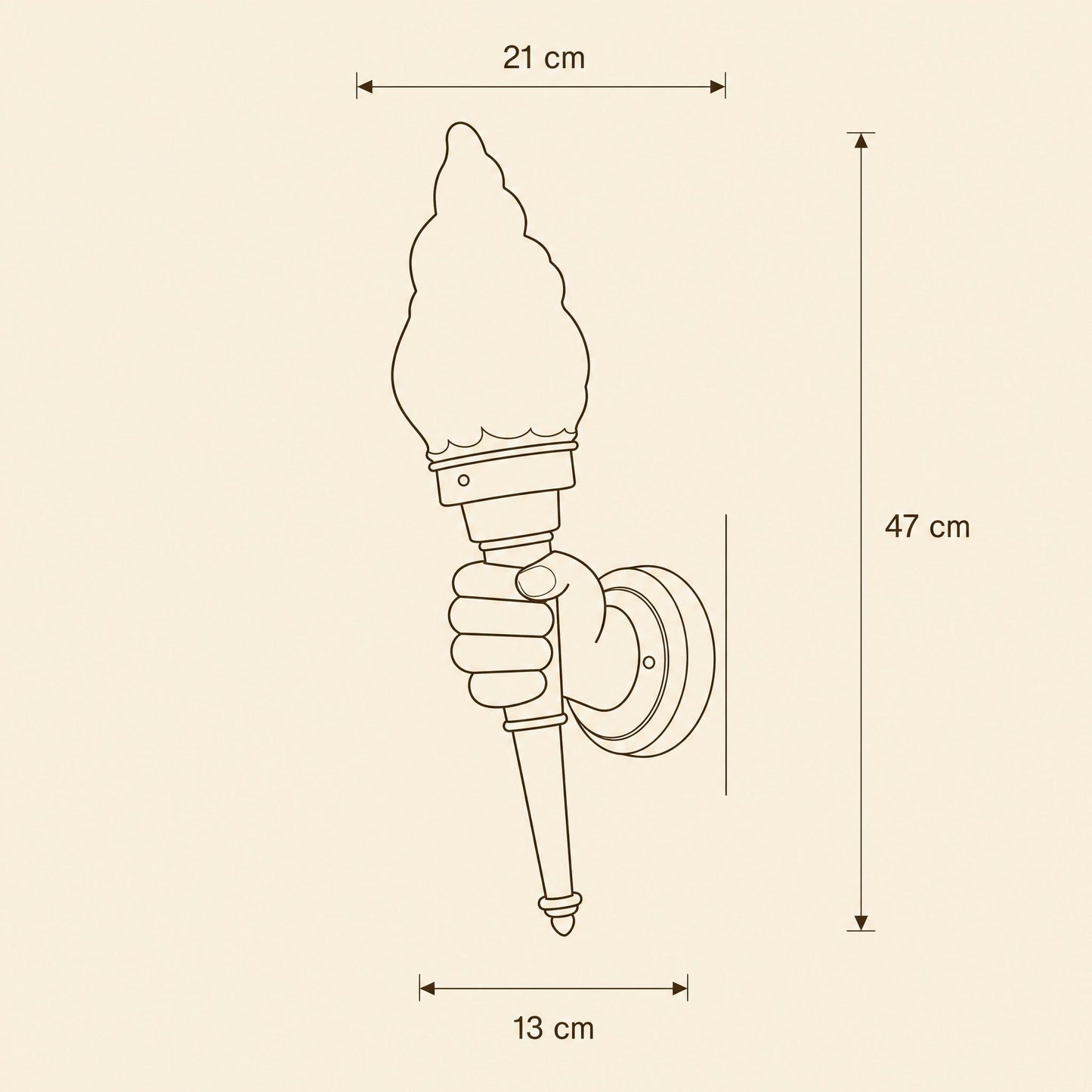 Dimension diagram of the Davren wall light, height 47 cm and projection 21 cm | Wickleigh