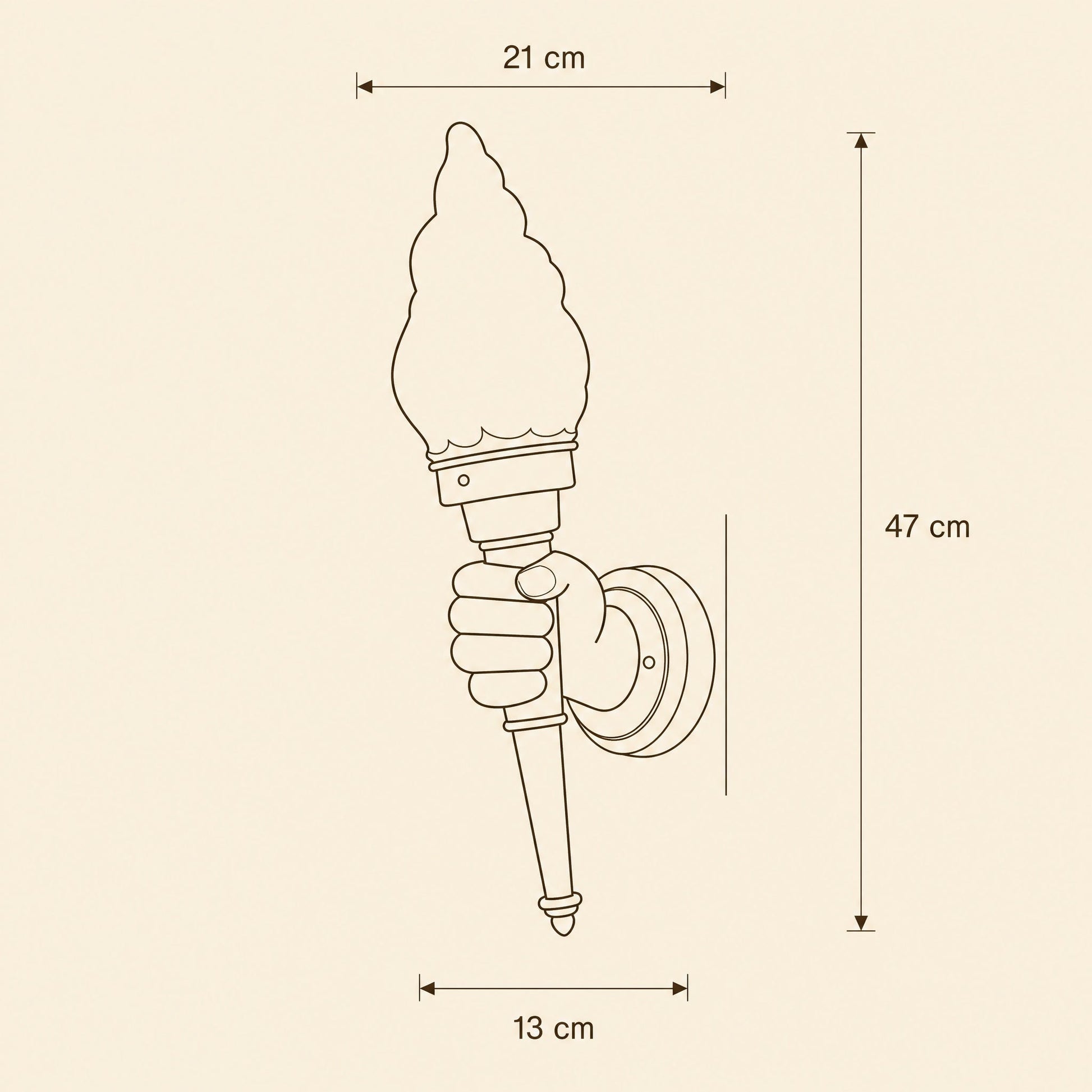Dimension diagram of the Davren wall light, height 47 cm and projection 21 cm | Wickleigh