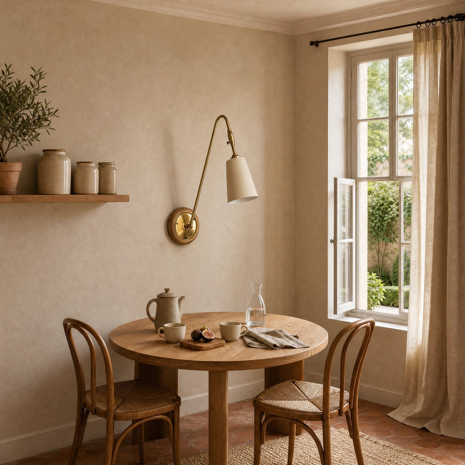 Eilin brass wall light, ecru finish, above a round breakfast table | Wickleigh