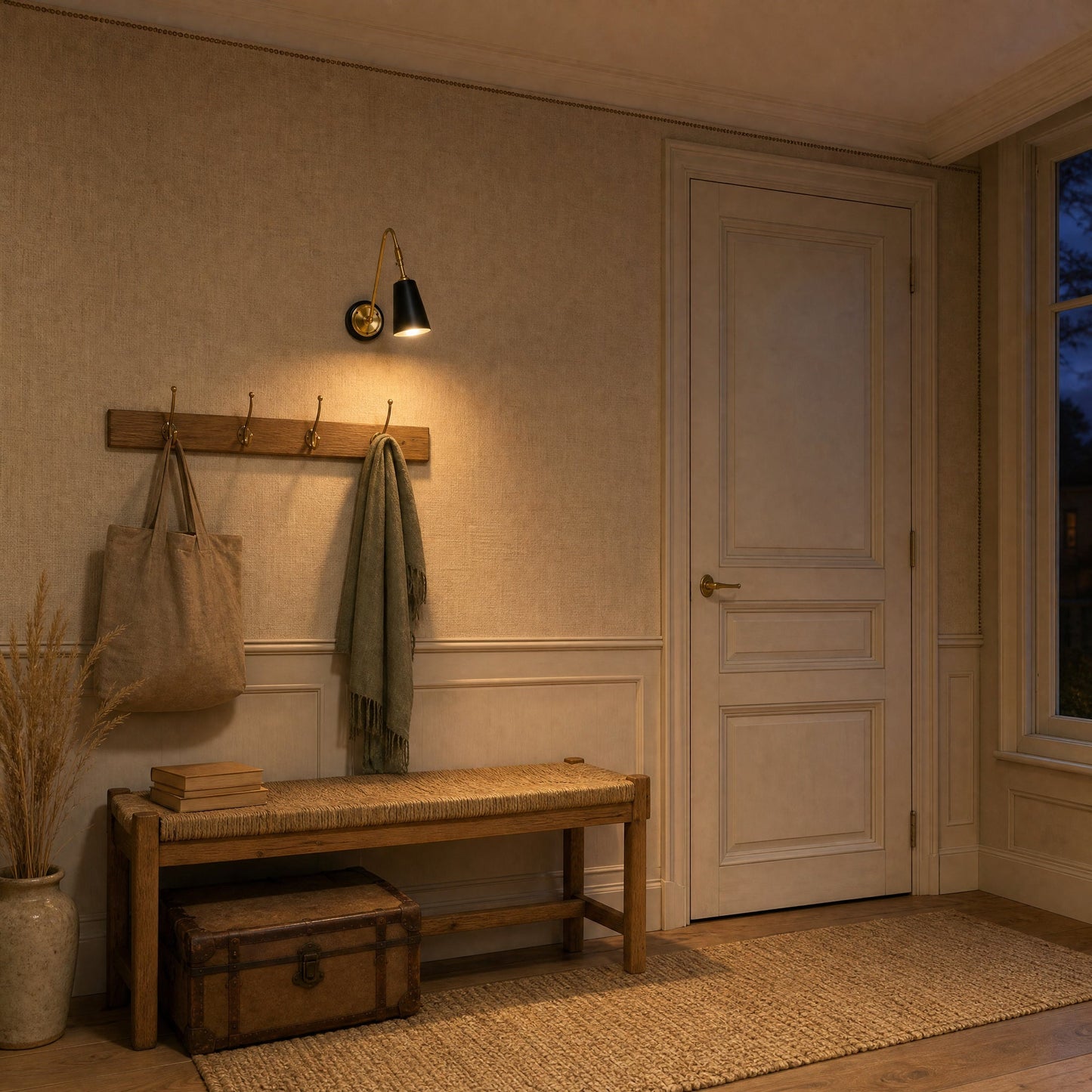 Eilin brass wall light lit above a hallway bench | Wickleigh