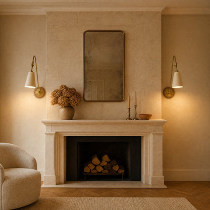 Pair of Eilin brass wall lights, ecru finish, framing a sitting room fireplace | Wickleigh