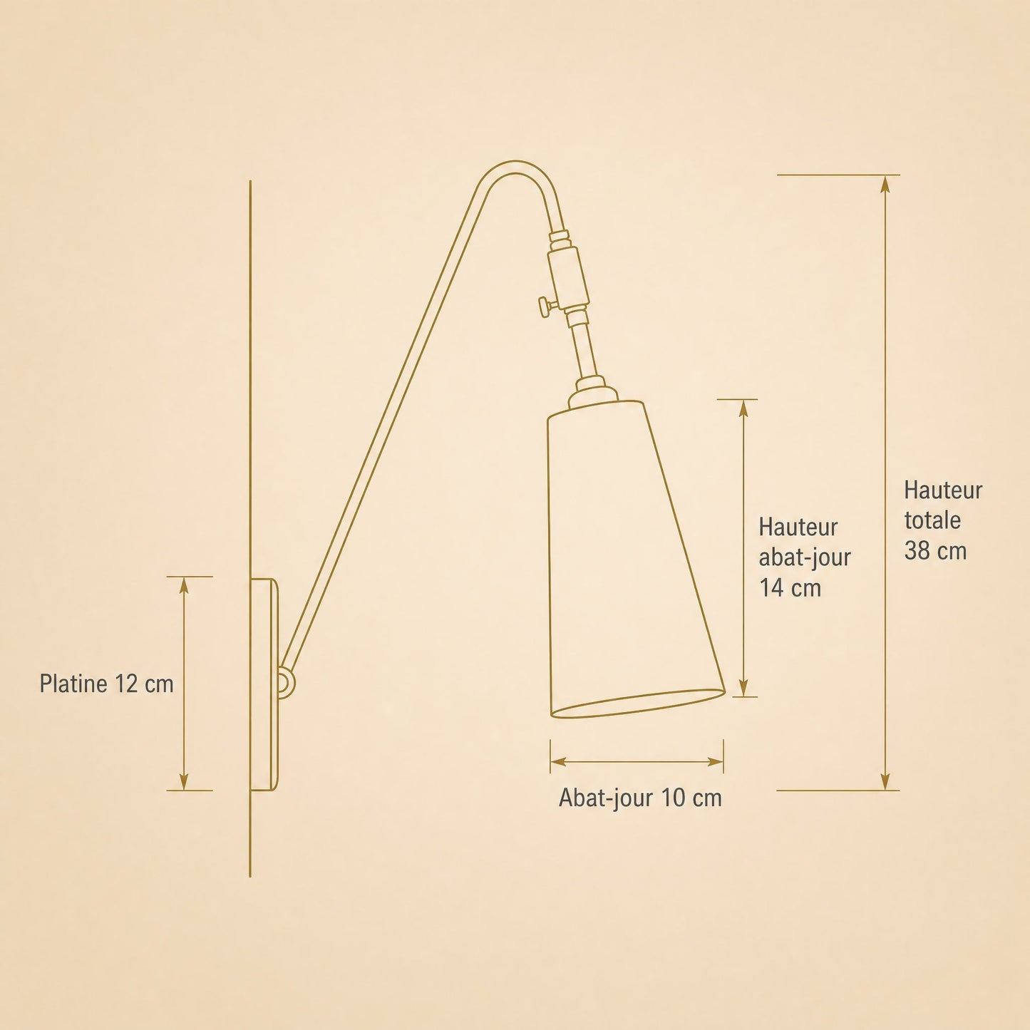 Dimension diagram of the Eilin brass wall light, 12 cm back plate and 38 cm total height | Wickleigh