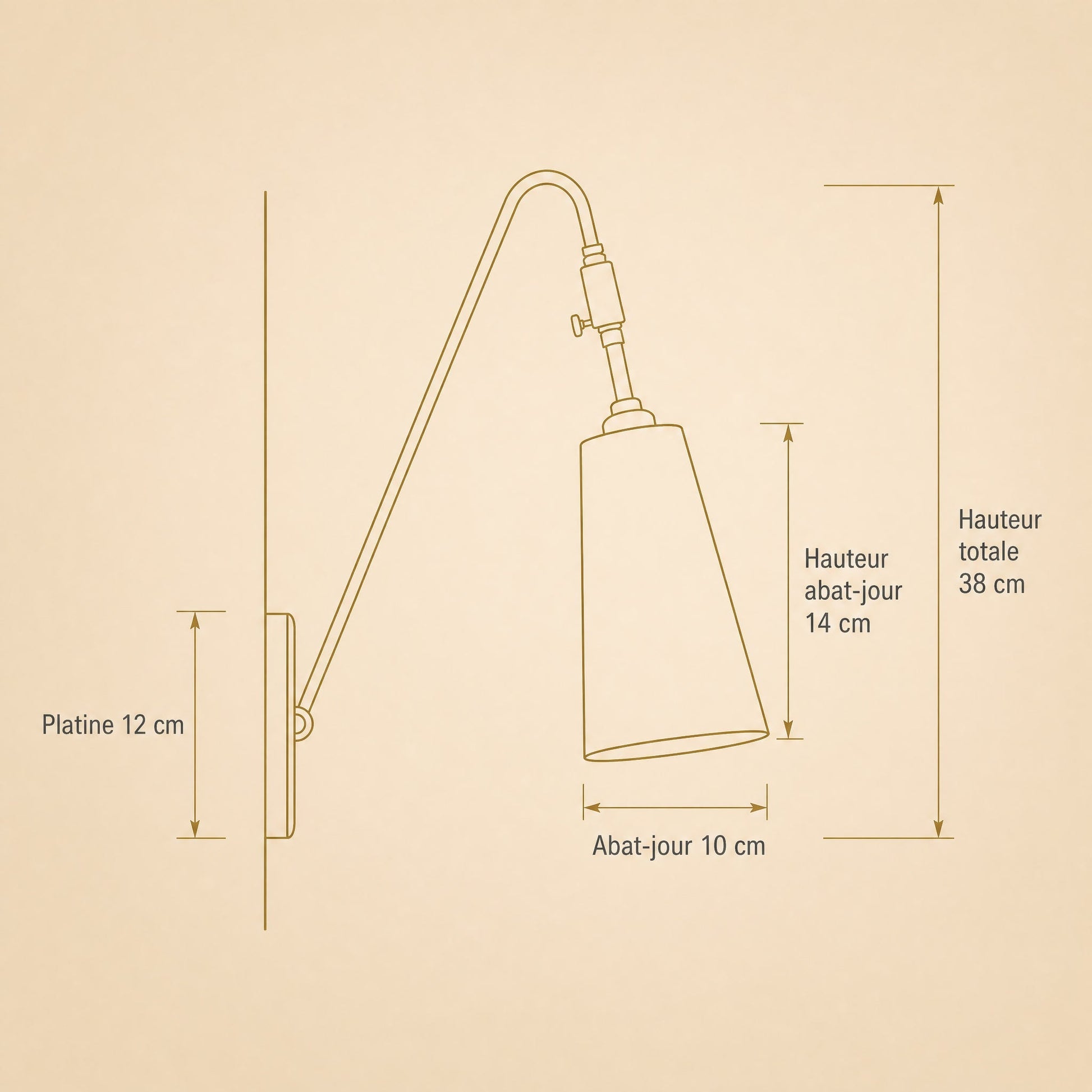 Dimension diagram of the Eilin brass wall light, 12 cm back plate and 38 cm total height | Wickleigh