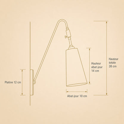 Dimension diagram of the Eilin brass wall light, 12 cm back plate and 38 cm total height | Wickleigh